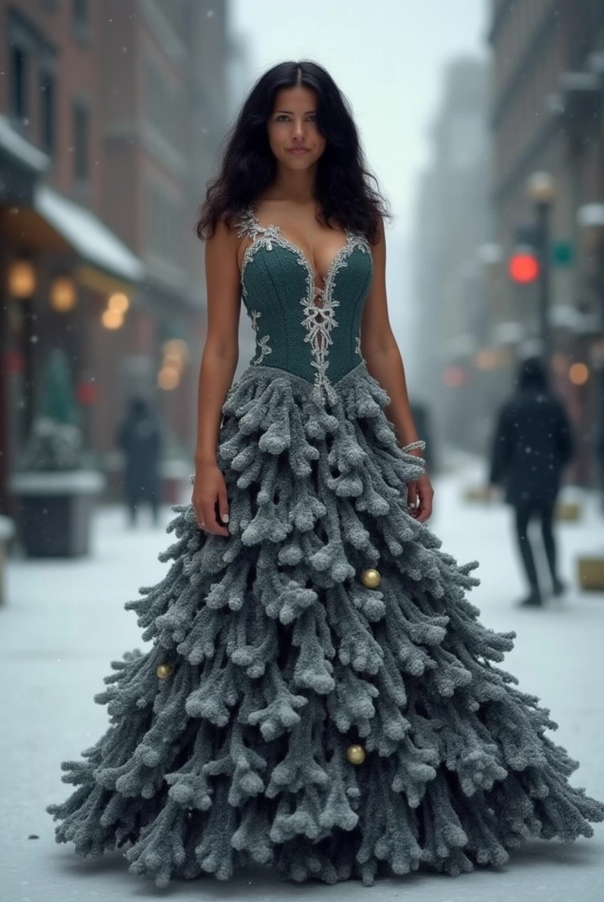 Girl in the trees dress - textured snow AI video