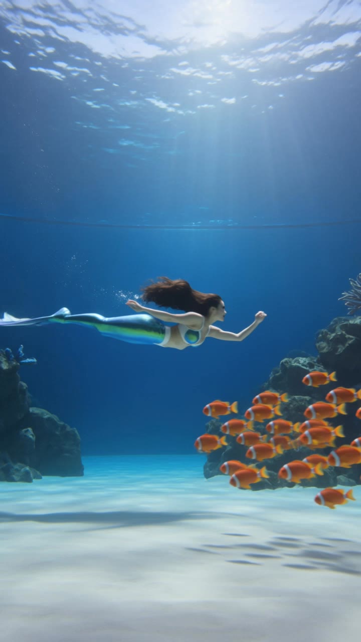 happy mermaid swimming  - real mermaid images AI video