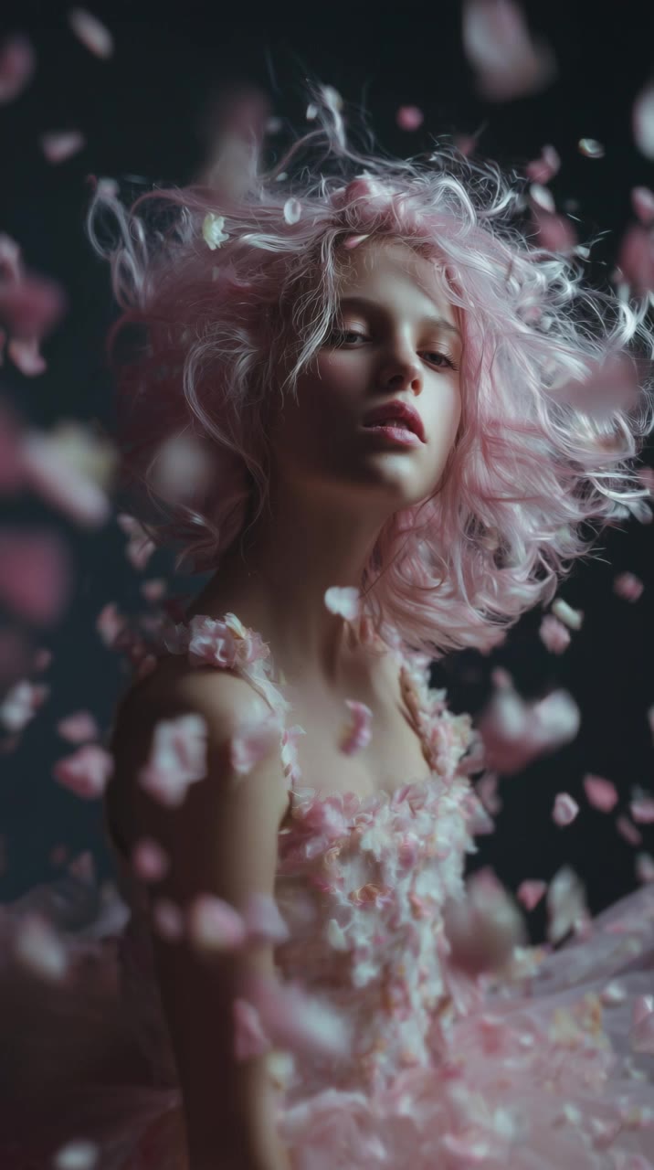Ethereal Pink Petaled Ballerina - dark hair pink highlights AI video
