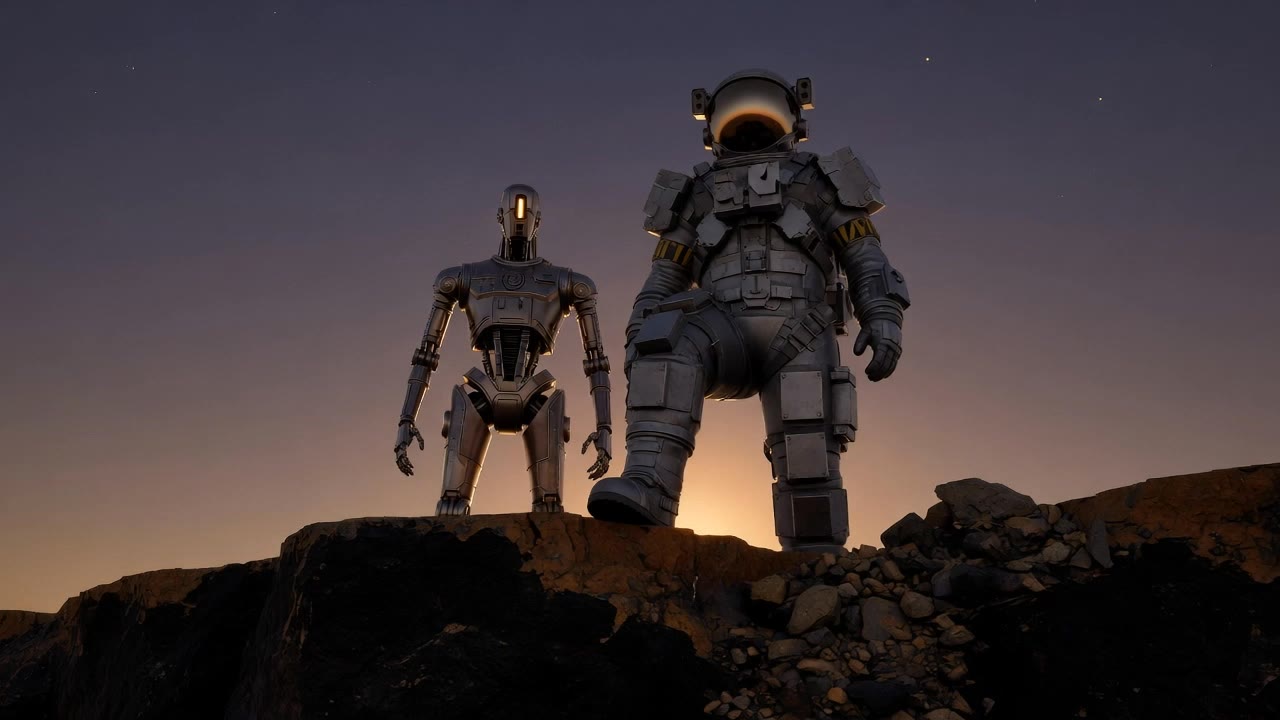 Astronaut and droid on the cape - animated astronaut AI video