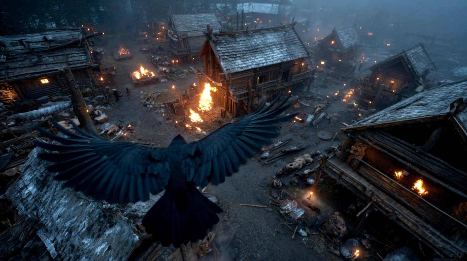 raven flights over village - flying raven tattoo AI video