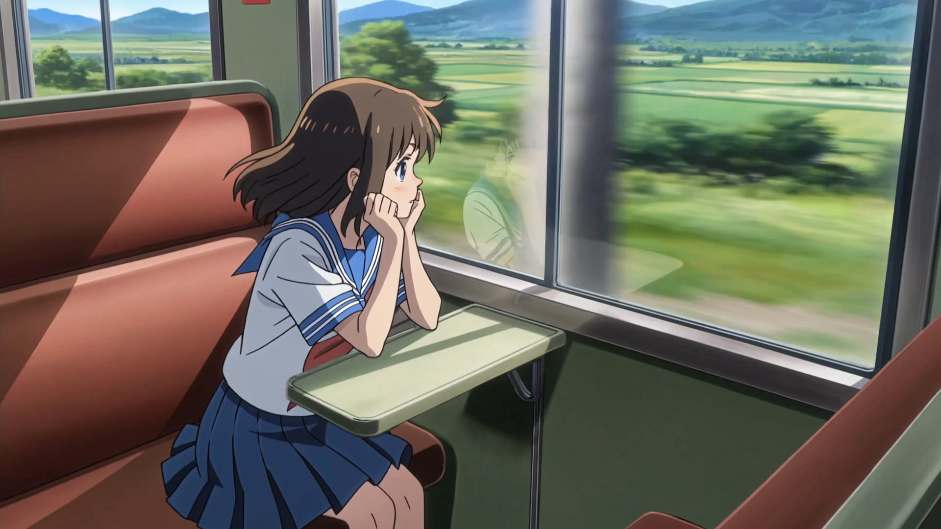 Anim school girl riding train - different head angles AI video