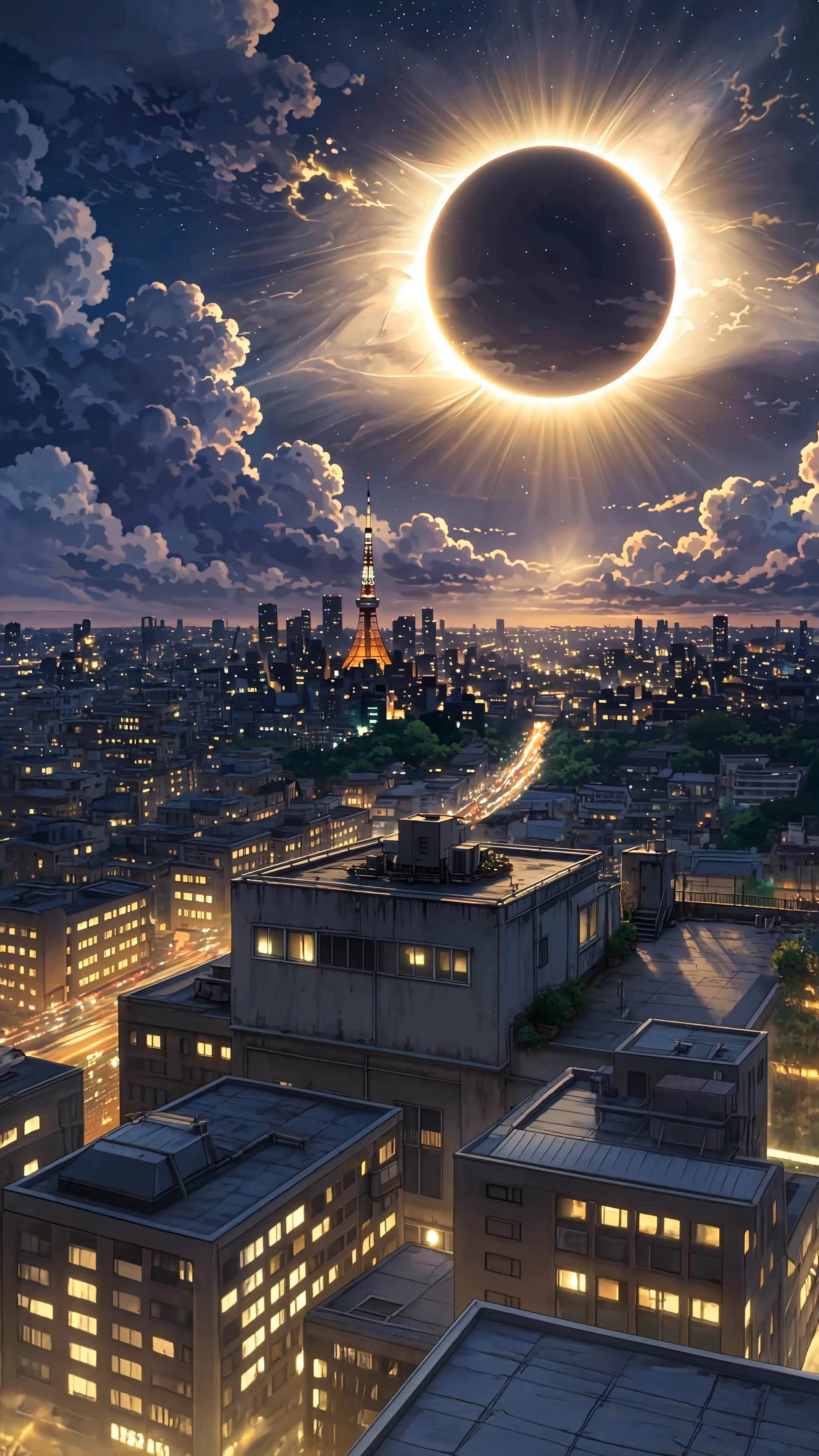 Total Solar Eclipse - studio ghibli clouds AI video