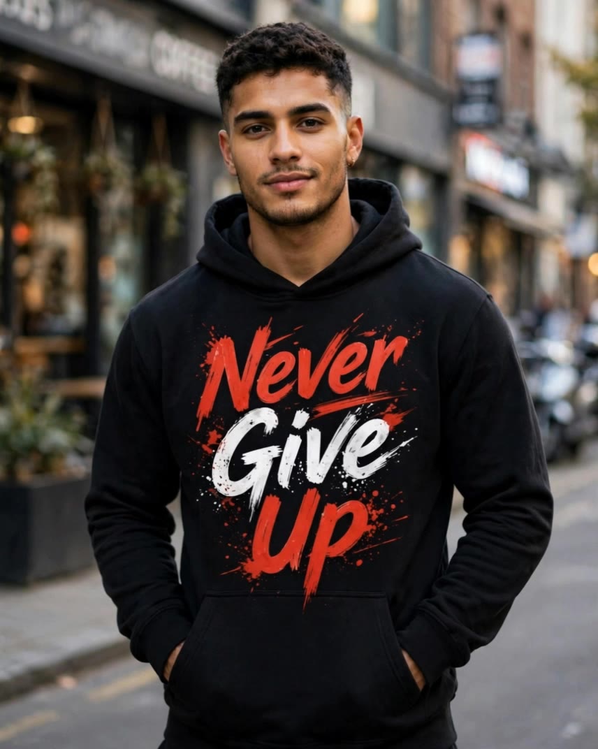 Never Give Up - Streetwear Hoodi - aspect ratio for tiktok AI video