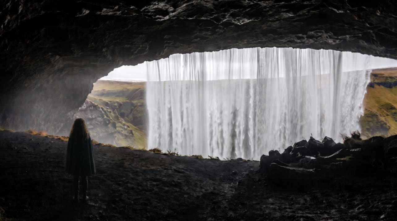 girl jumping into a waterfall. - motion waterfall picture AI video