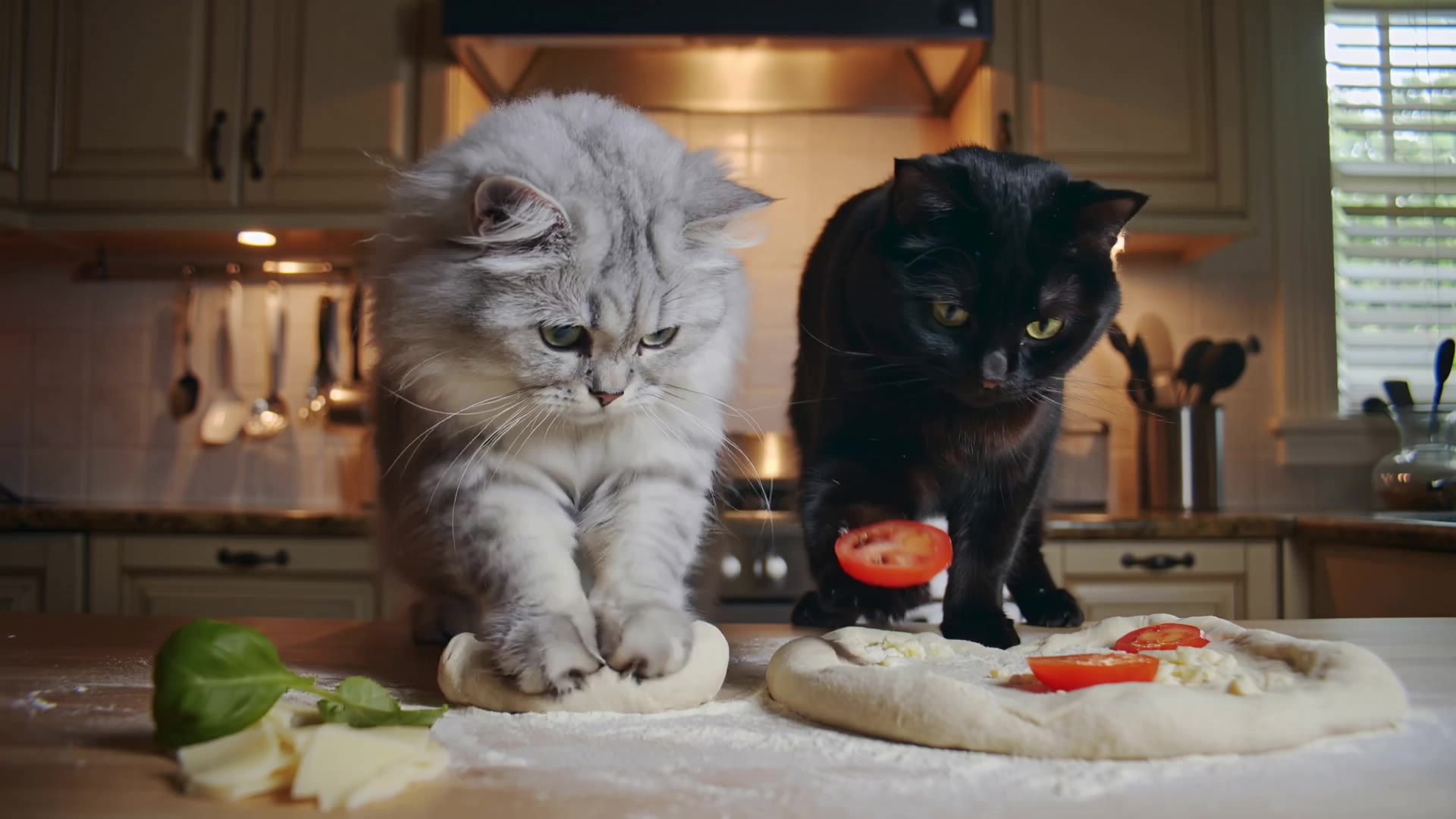 Black cat and white cat cooking. - killua cat AI video