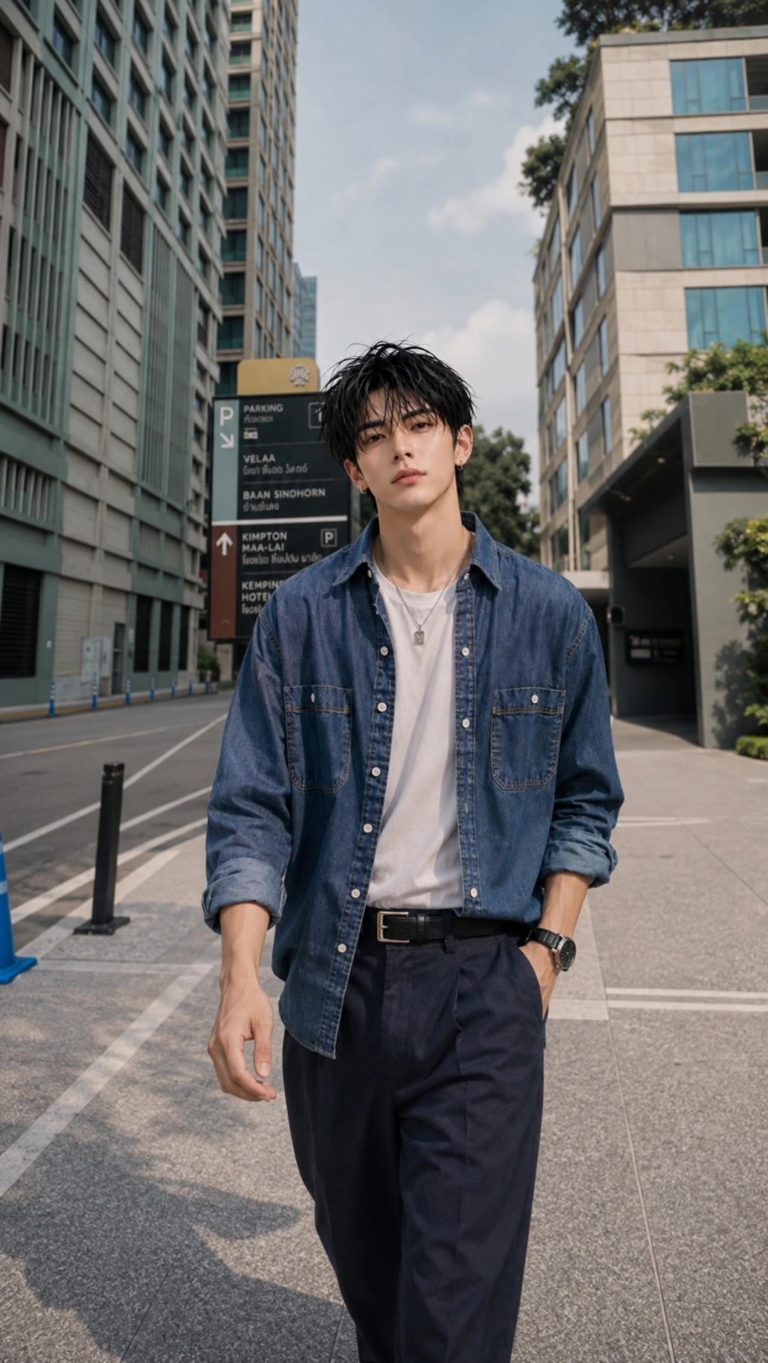 close up walking in - men bangs hair AI video