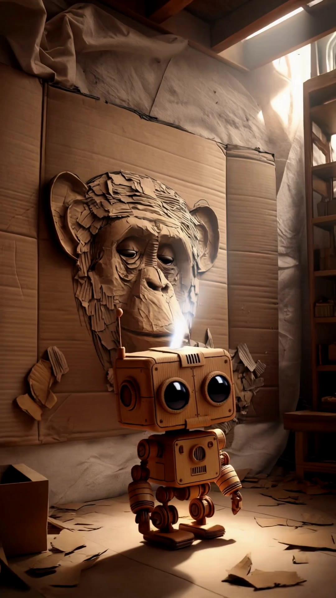 cardboard robot stands firmly - head angles AI video