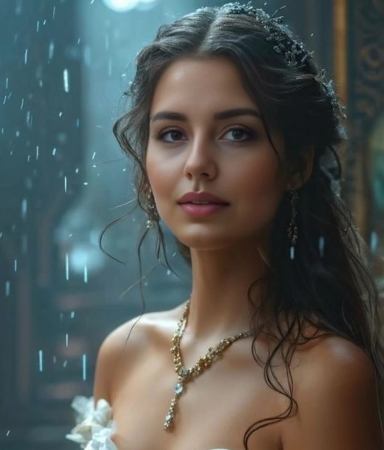 Woman in the rain - dreamy background AI video
