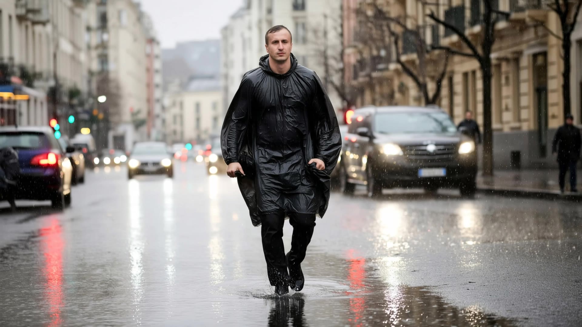 Man in black poncho under rain - rain animation AI video