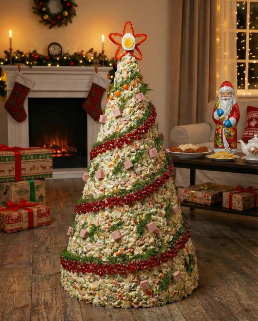People eat salad Xmas tree - eat scene AI video