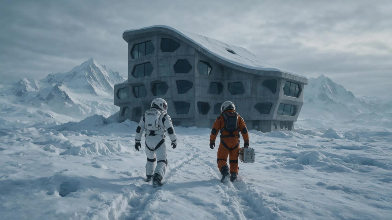 2 astronauts on an exoplanet - textured snow AI video