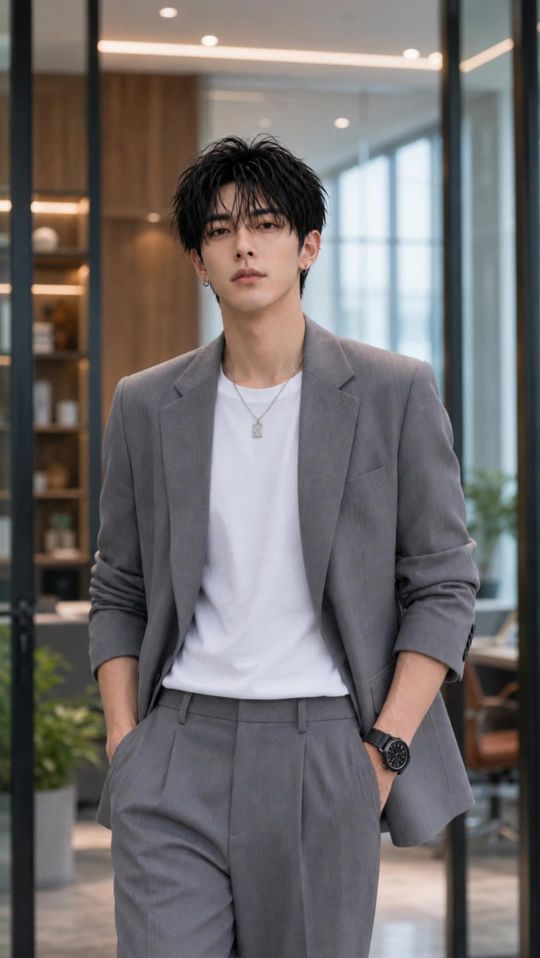 good mood walking in the office - male bangs hairstyle AI video