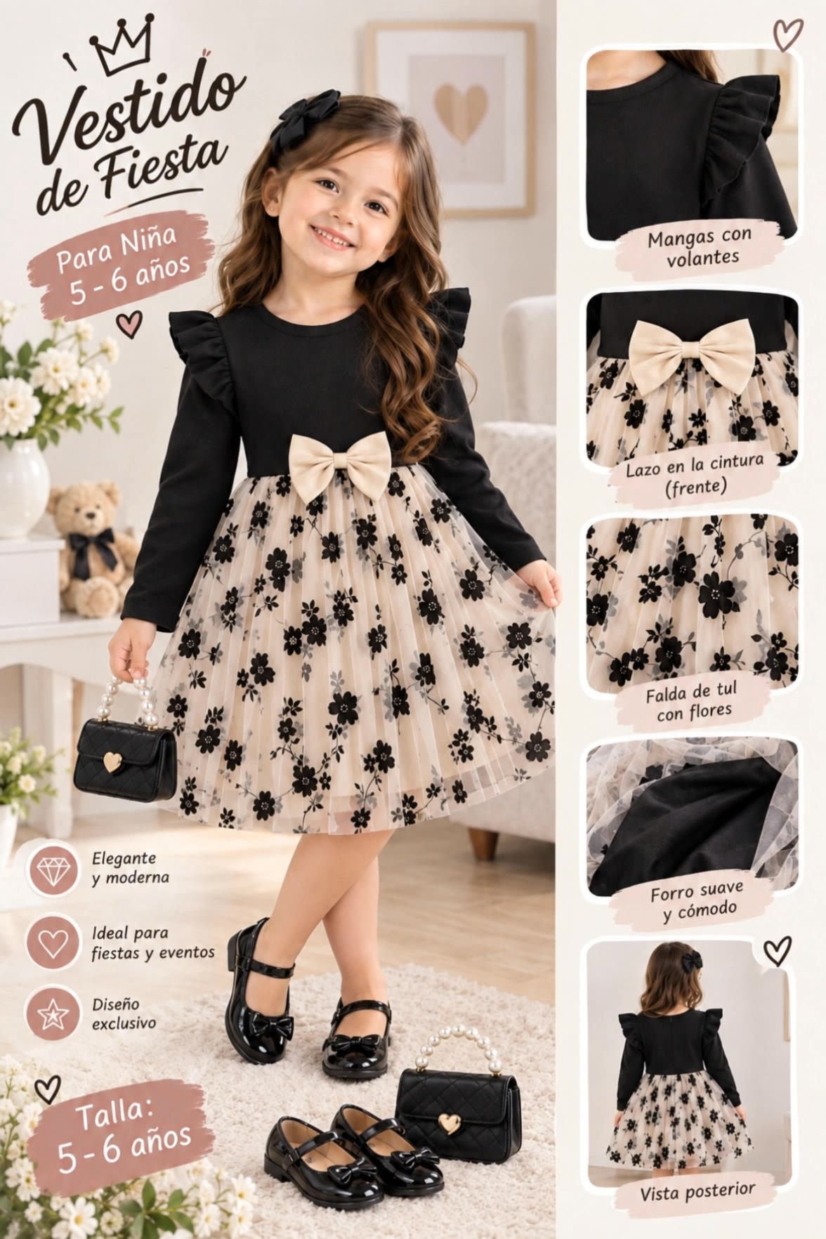 Beautiful Black Floral Party Dre - elegant poses AI video