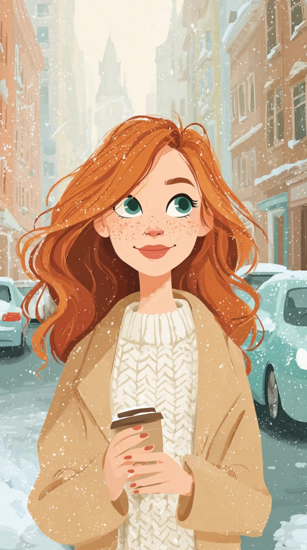 Red waves against winter wind - red hair filter AI video