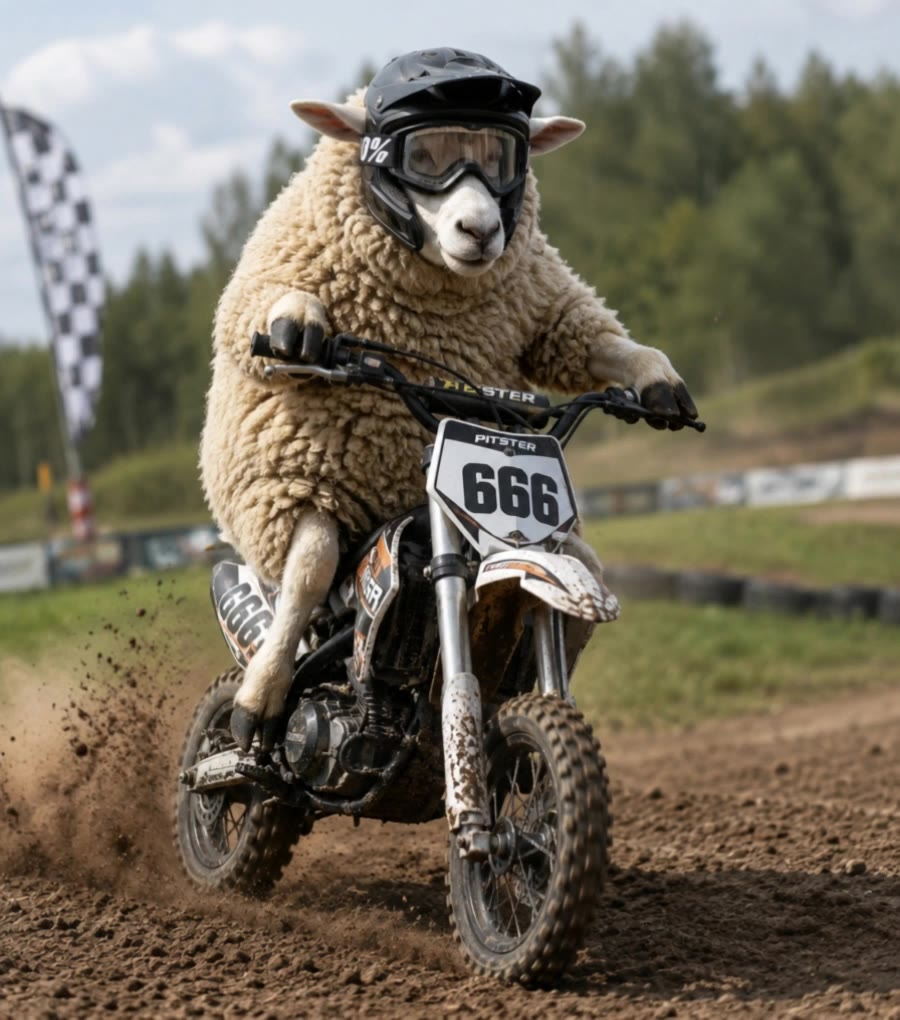sheep on the cross bike - video prompt generator AI video