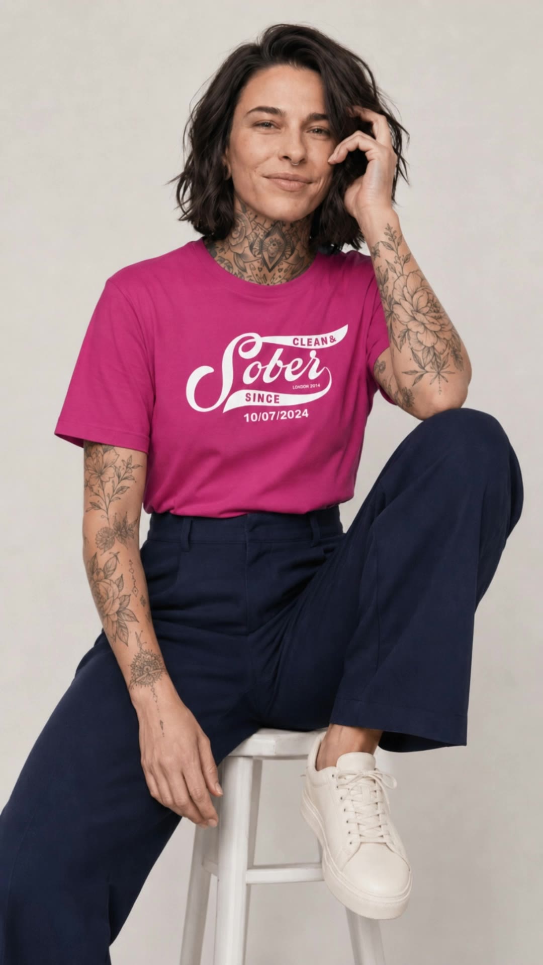 Woman wearing pink t-shirt - t-shirt generator AI video