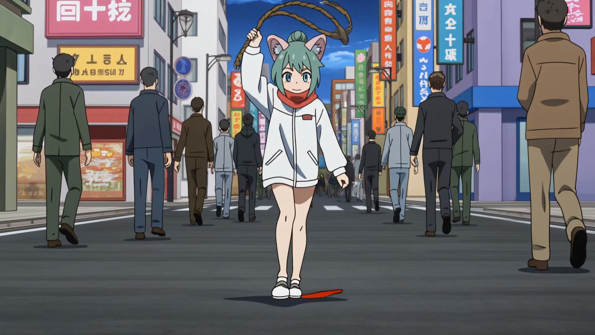 Bold - green hair anime girl with red and white shirt AI video