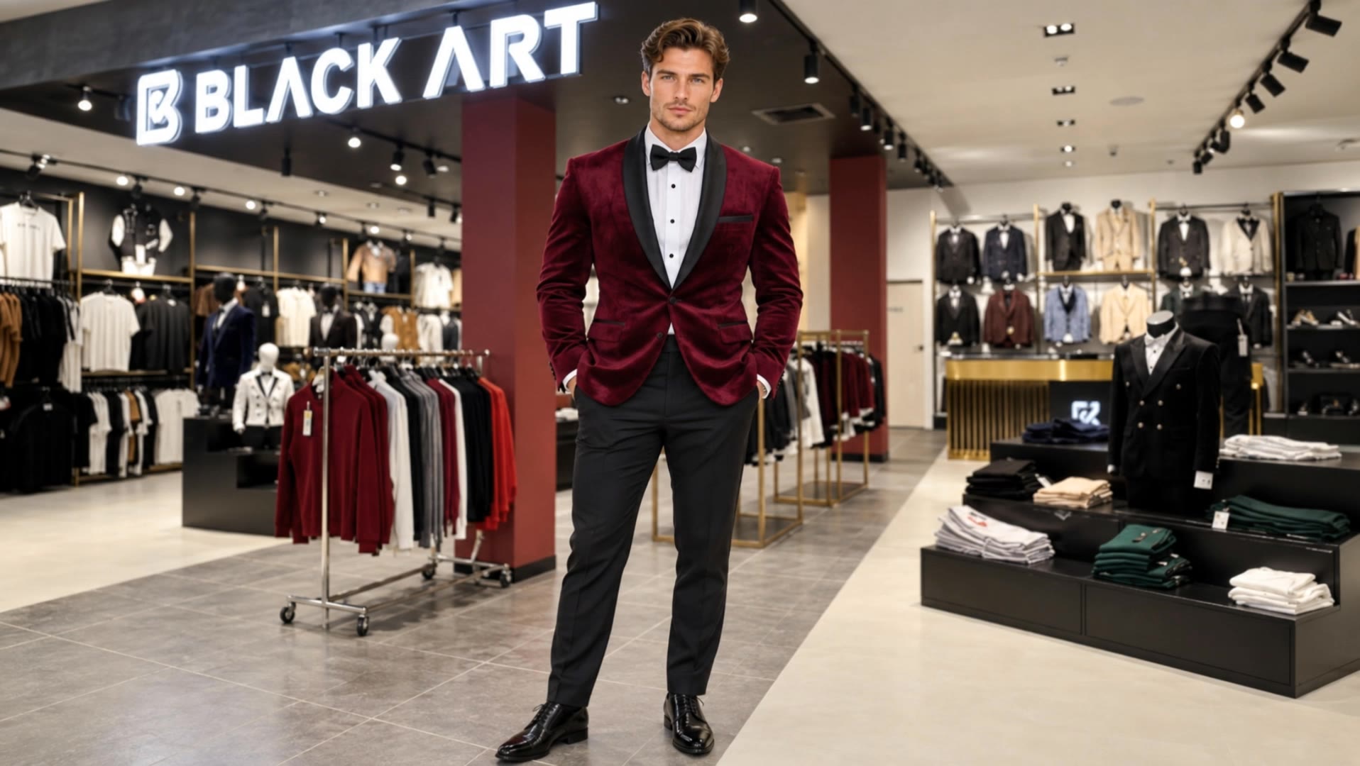Male Modelling a tuxedo - medium length male hairstyles AI video