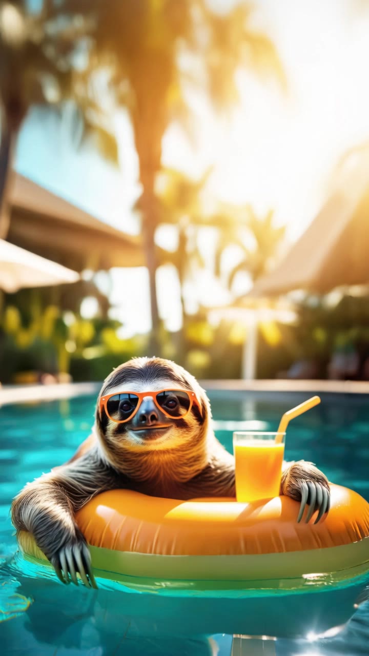 Sloth on vacation in a pool - sloth swimming AI video