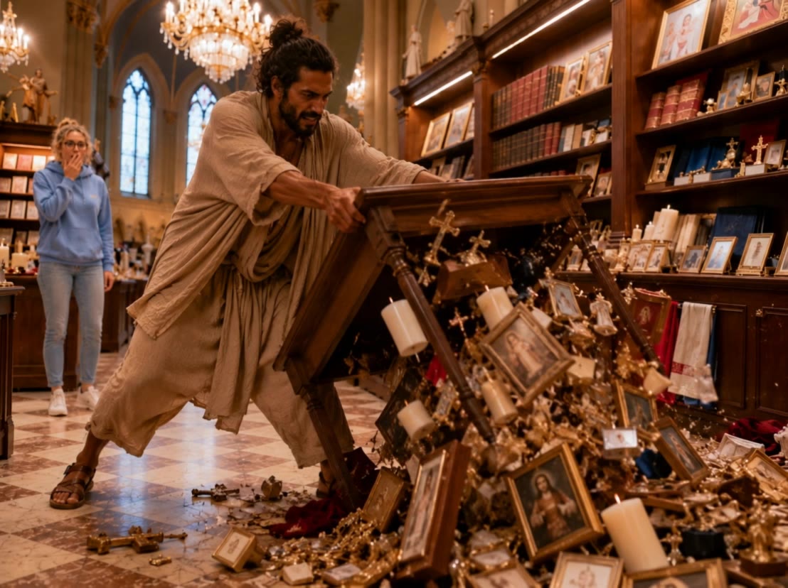 Jesus trashes giftshop - merchandise maker AI video