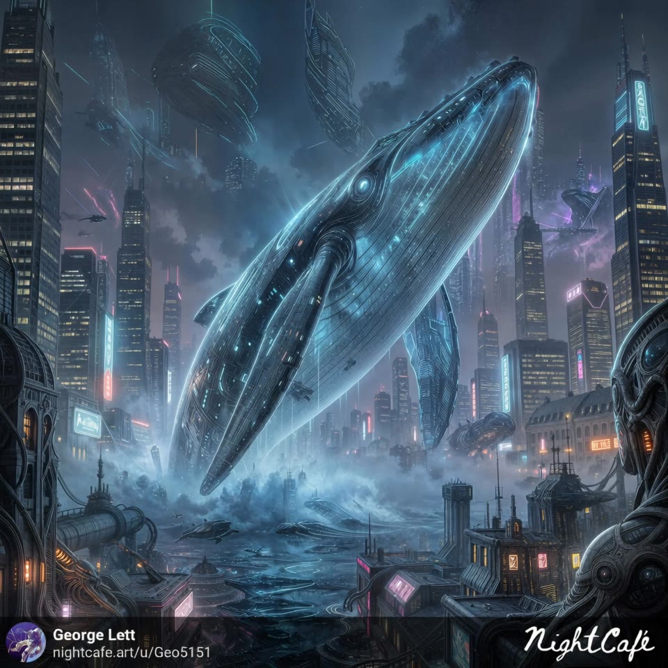 A colossal, bioluminescent whale - whale album cover AI video