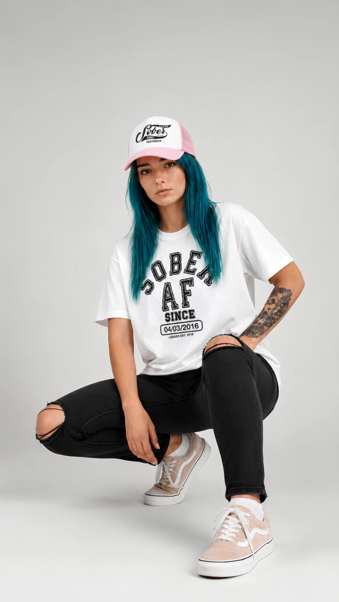 Blue hair woman wearing hat - hair color changing AI video