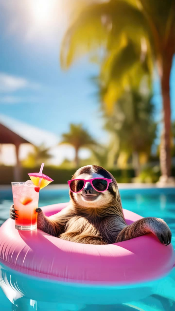 Sloth on vacation in a pool - sloth swimming AI video