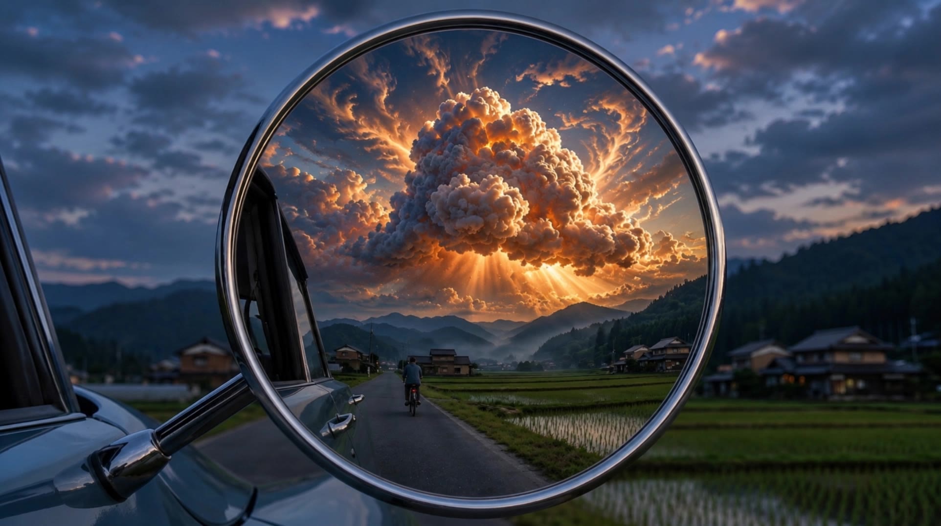 Rear View Mirror in the sky - looked in the mirror sharp as a bullet AI video