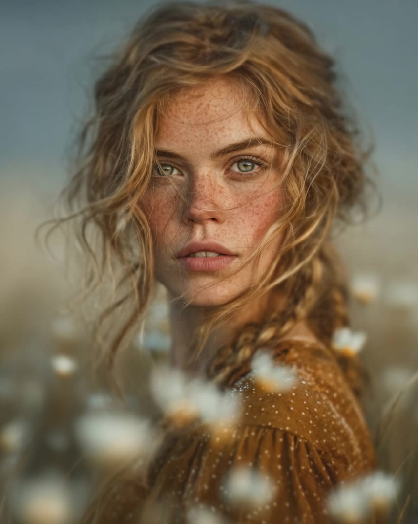 Petals Between Her Thoughts - auburn chestnut hair AI video