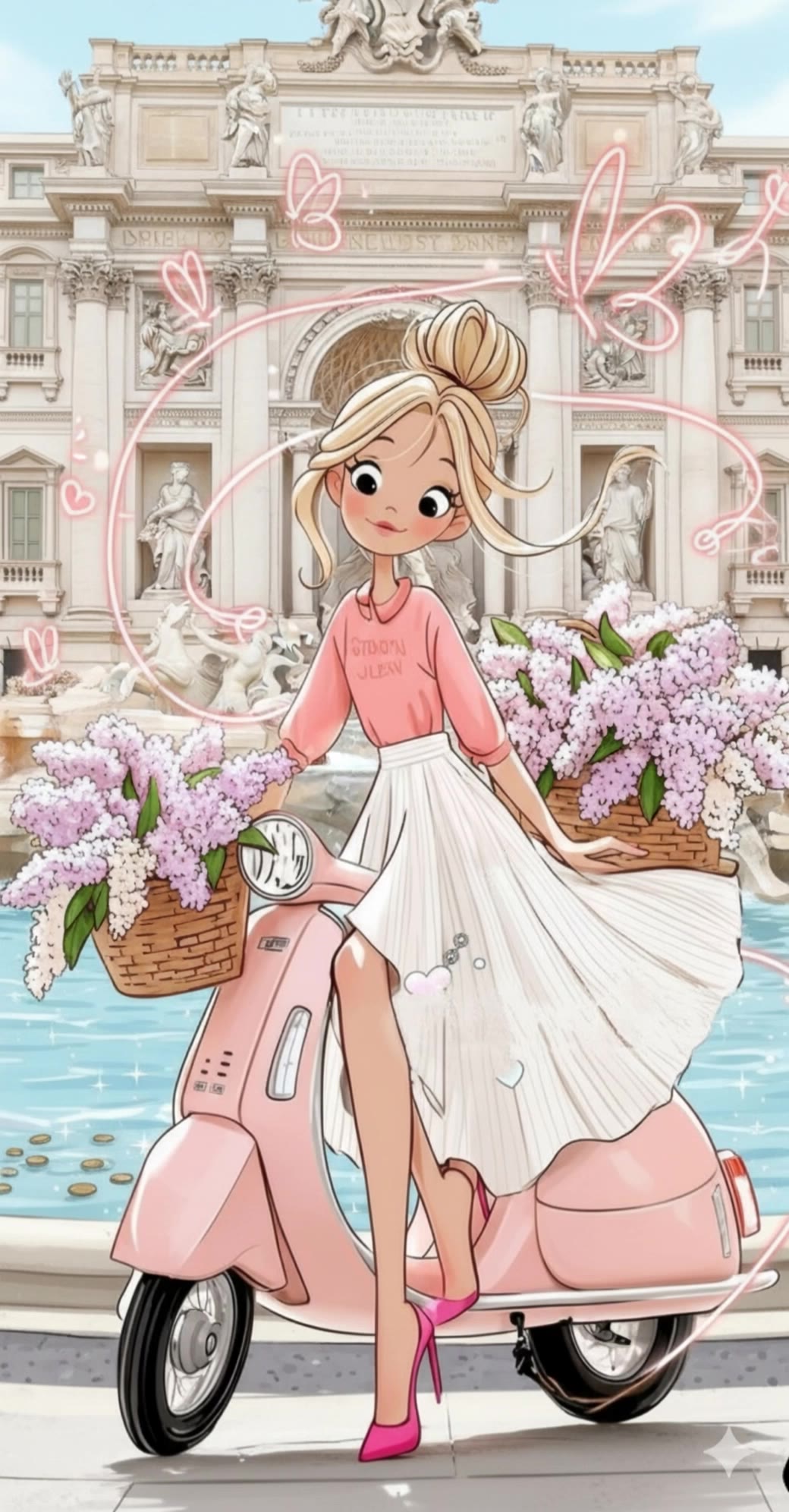 The illustrated girl on the pink - dark hair pink highlights AI video