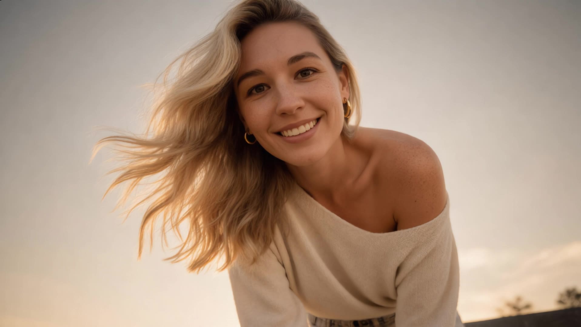 The young woman smiles - camera shooting angles AI video