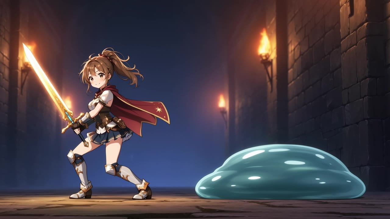 A female adventurer who fights a - low angle camera AI video