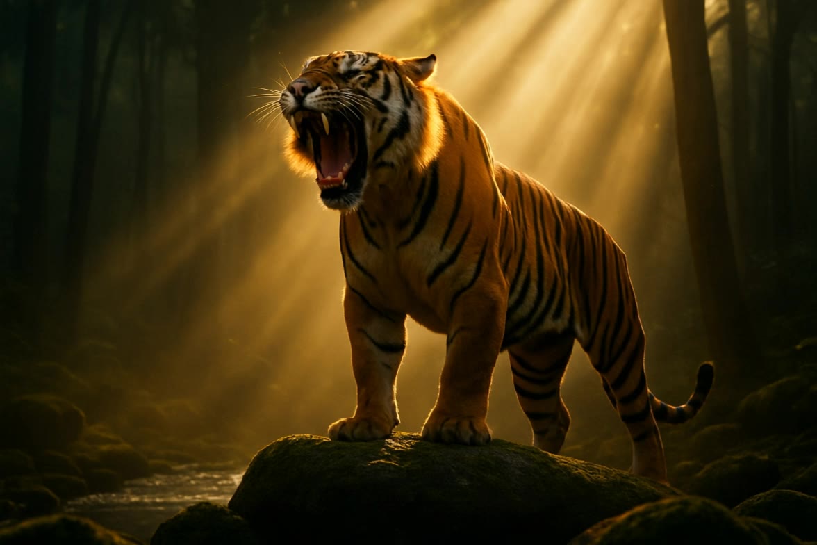 Tiger roaring, hero of forest - tiger scene AI video
