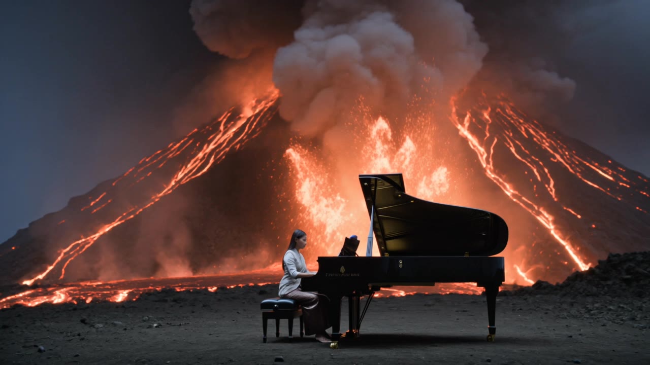 Piano by the Volcano - run away piano AI video