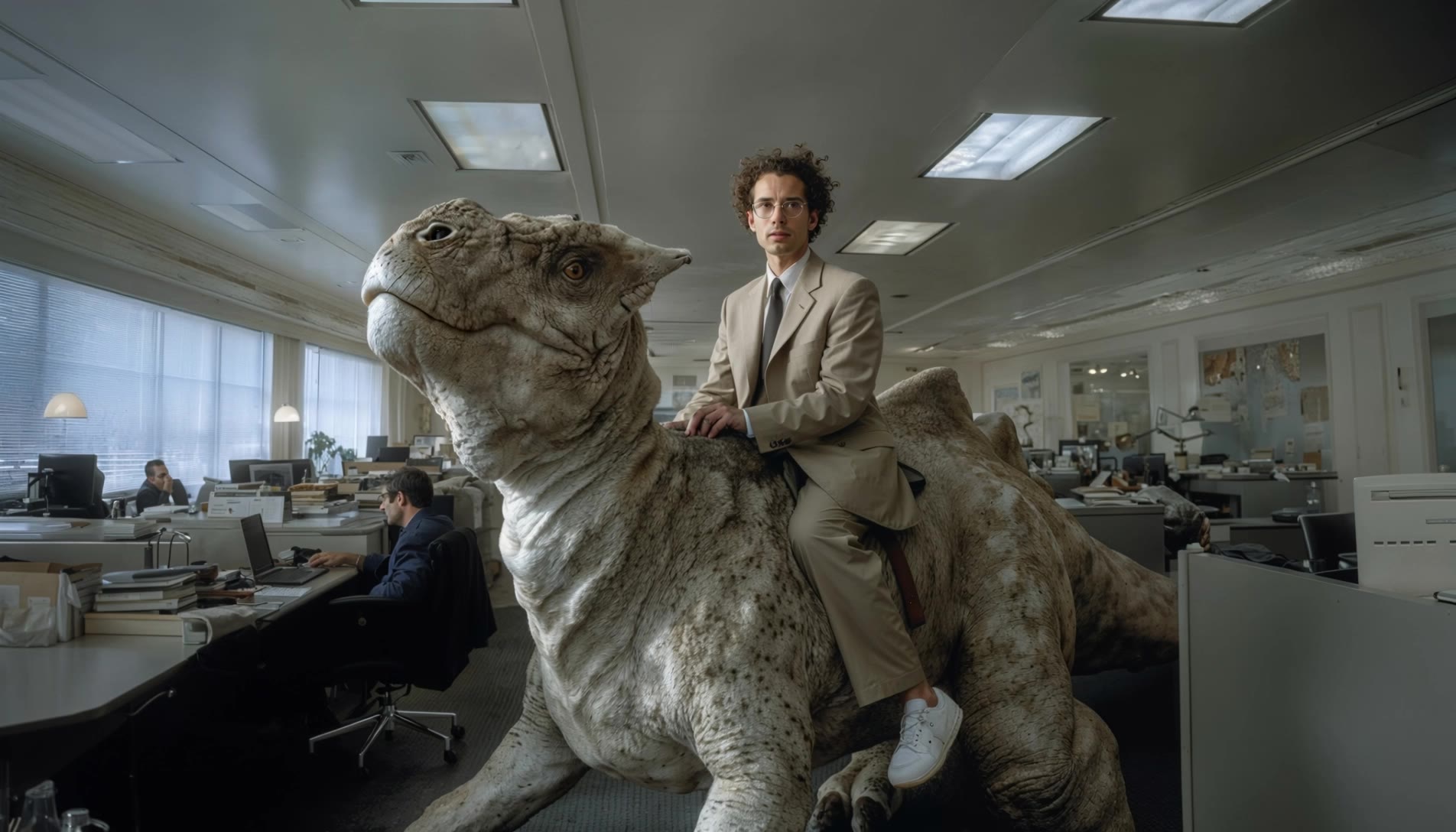 Riding a dinosaur in the office - dinosaur animation AI video