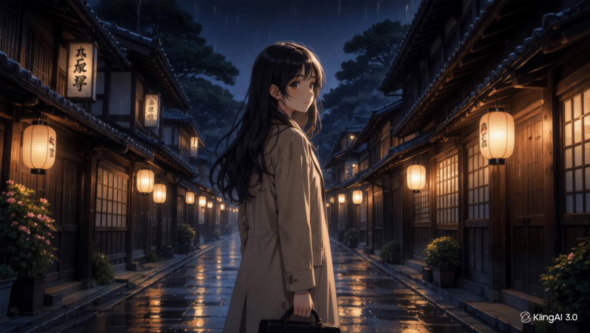 Rain night - anime woman with black hair AI video