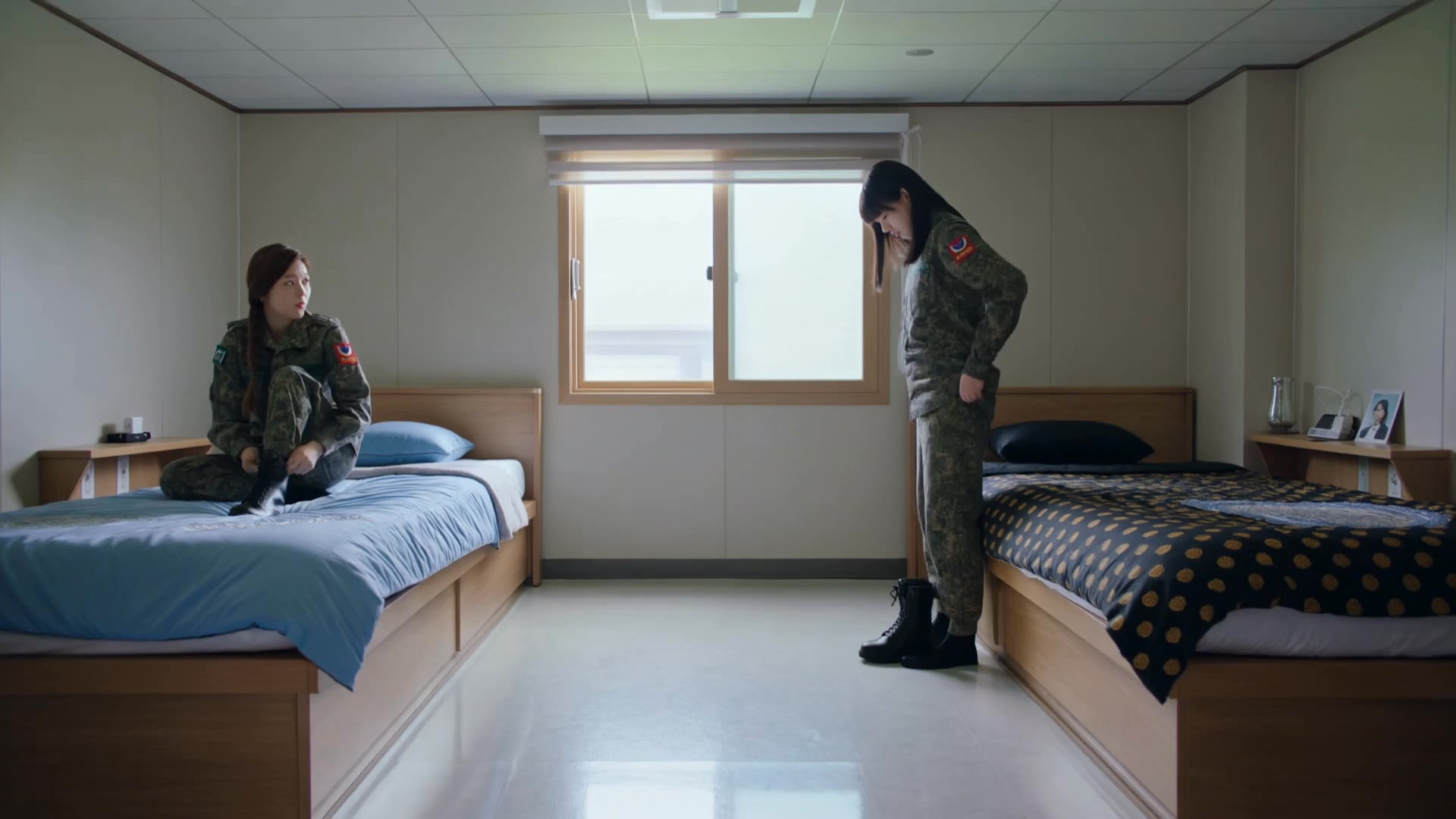 Girls in military  - side swept curtain bangs AI video