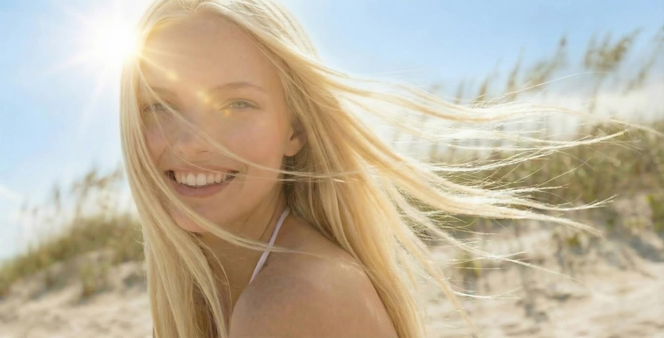 Natural woman on a beach - wind burst 255 AI video