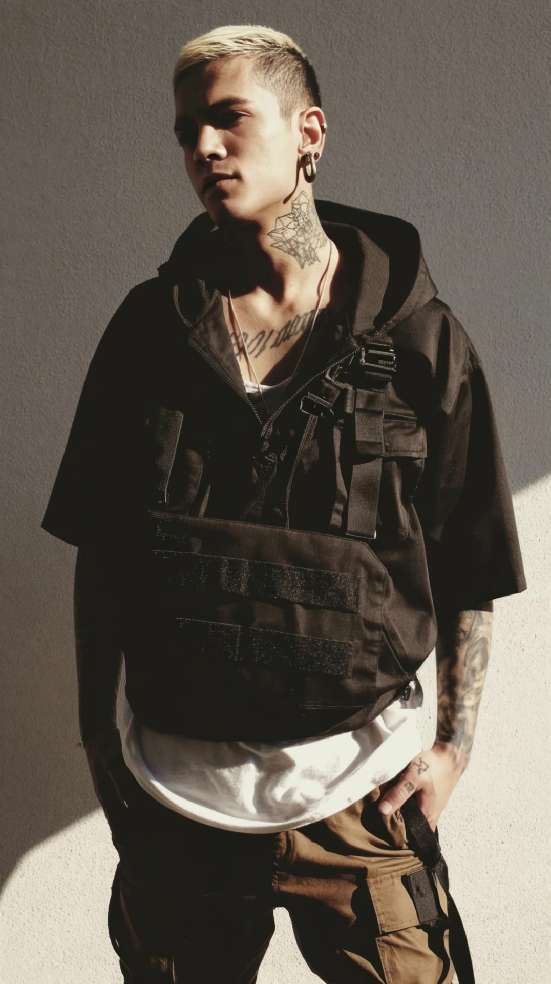 black hoodie - hair color black underneath blonde on top AI video