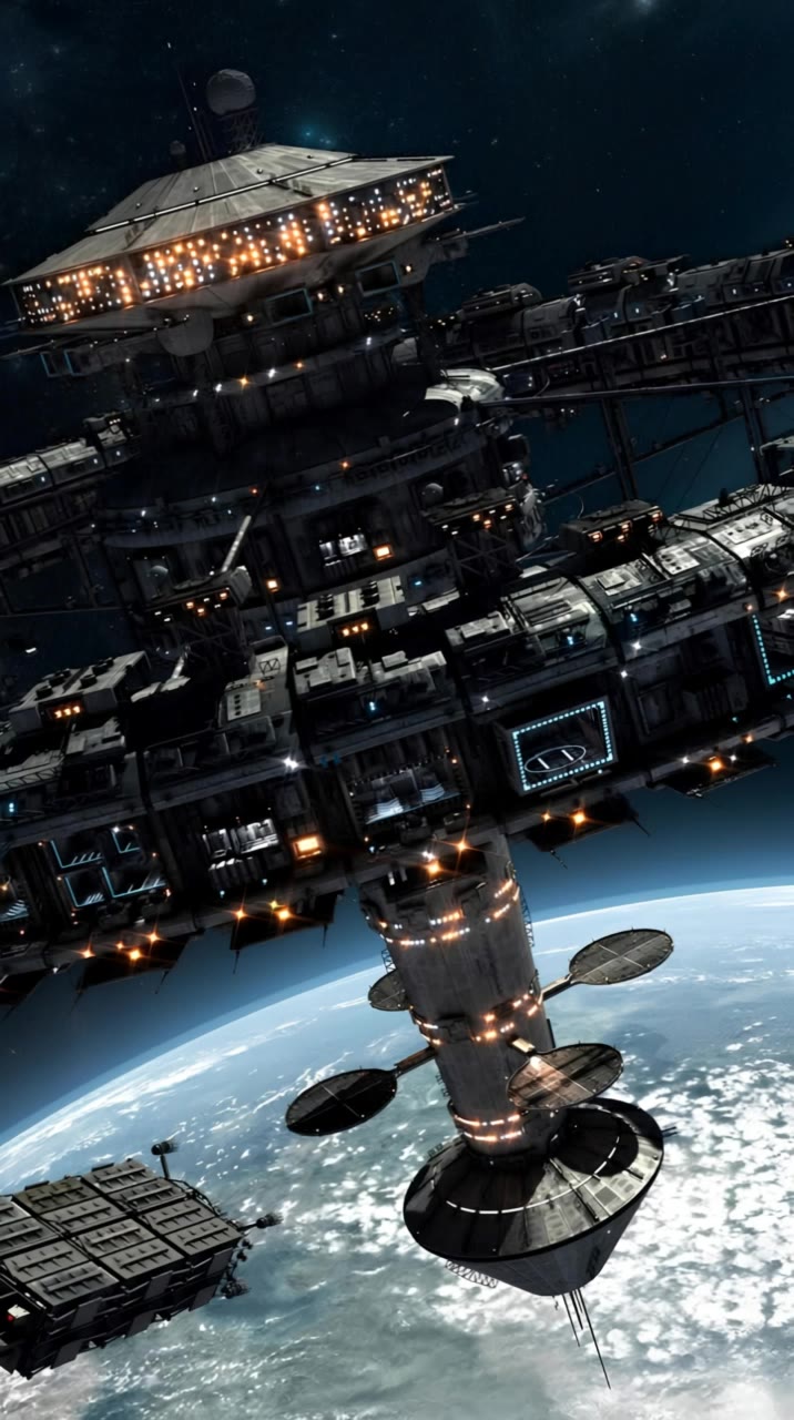 futuristic space station orbits - space poster design AI video