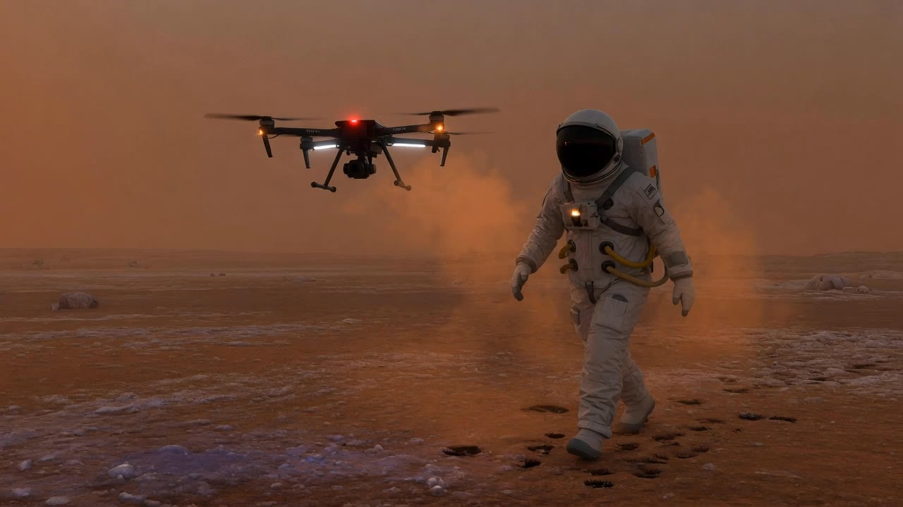 Astronaut and drone on Titan - hexa drone AI video