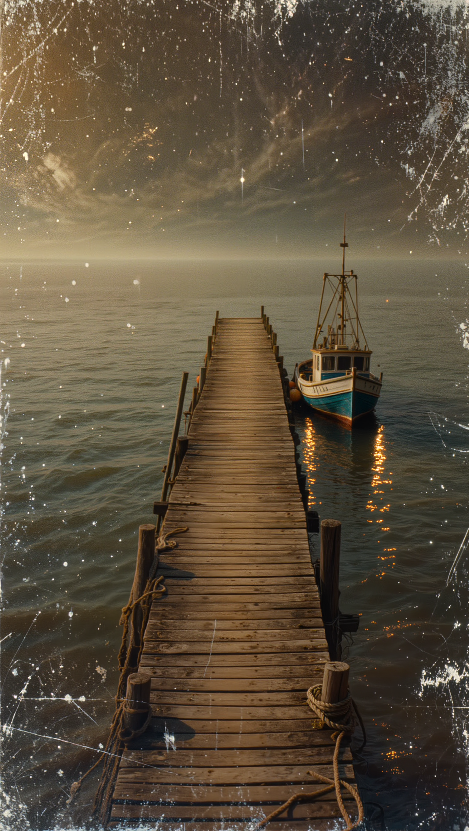 night scene of an old wooden pie - random film chooser AI image