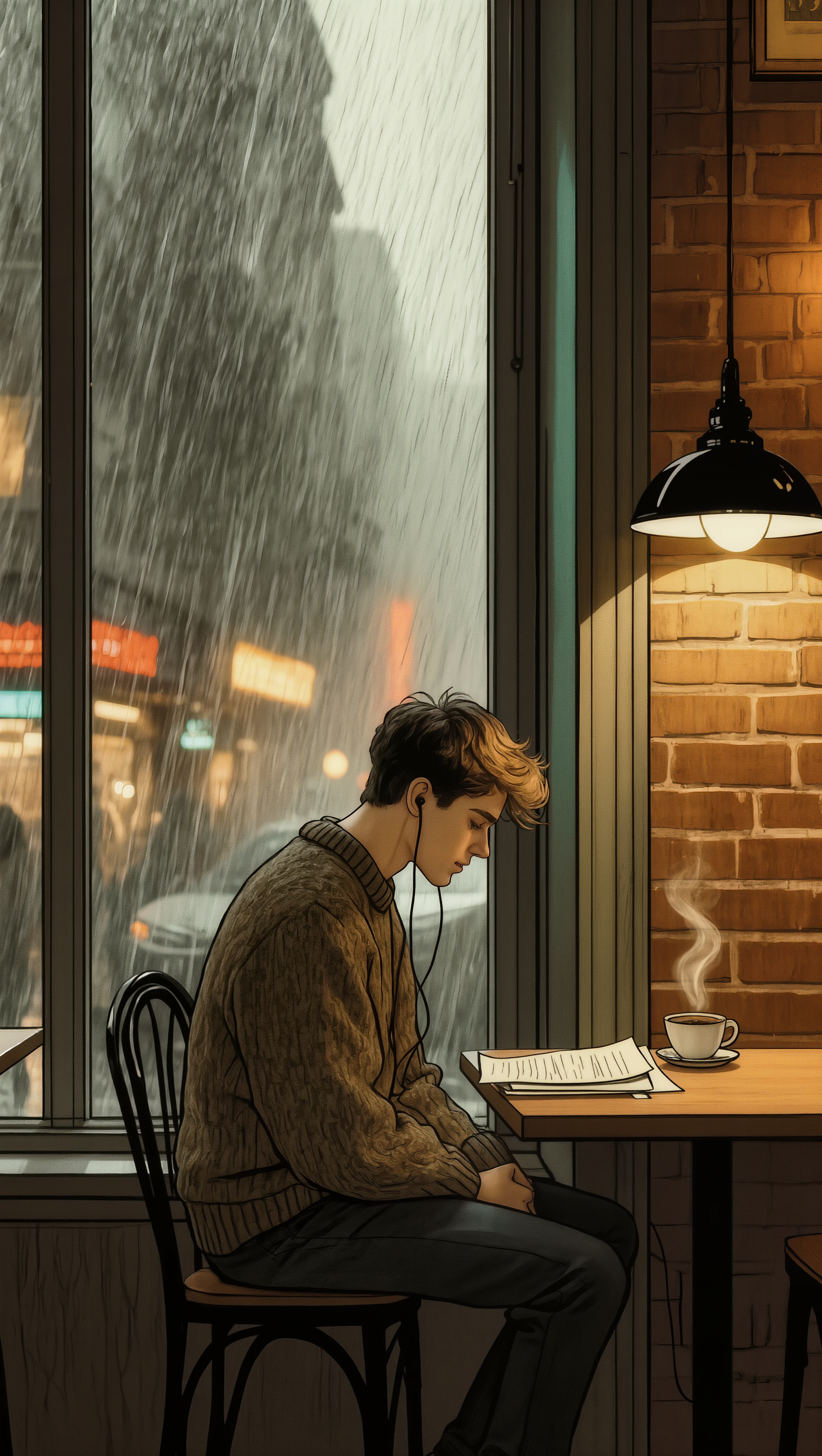 Rainy Cafe Solitude - cafe wallpaper AI image