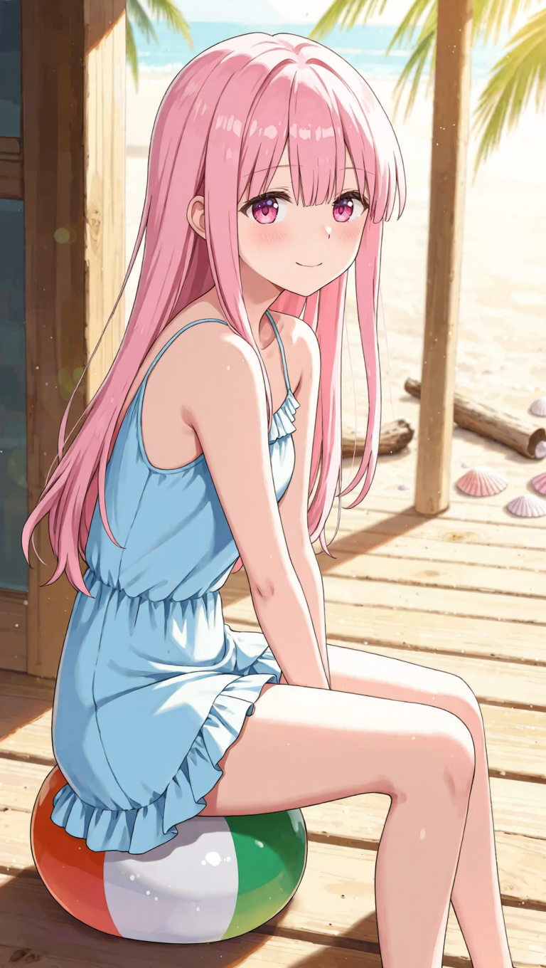 Anime girl sits on the beachball - how do you make anime AI image