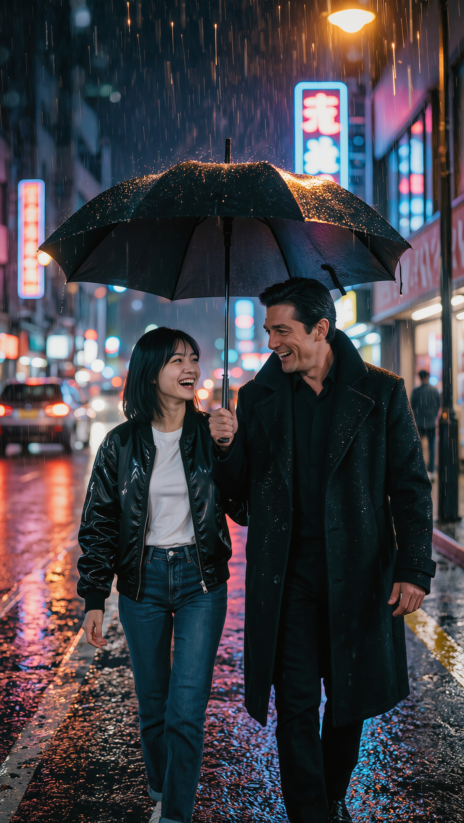 Neon Rain Rendezvous - confetti rain AI image