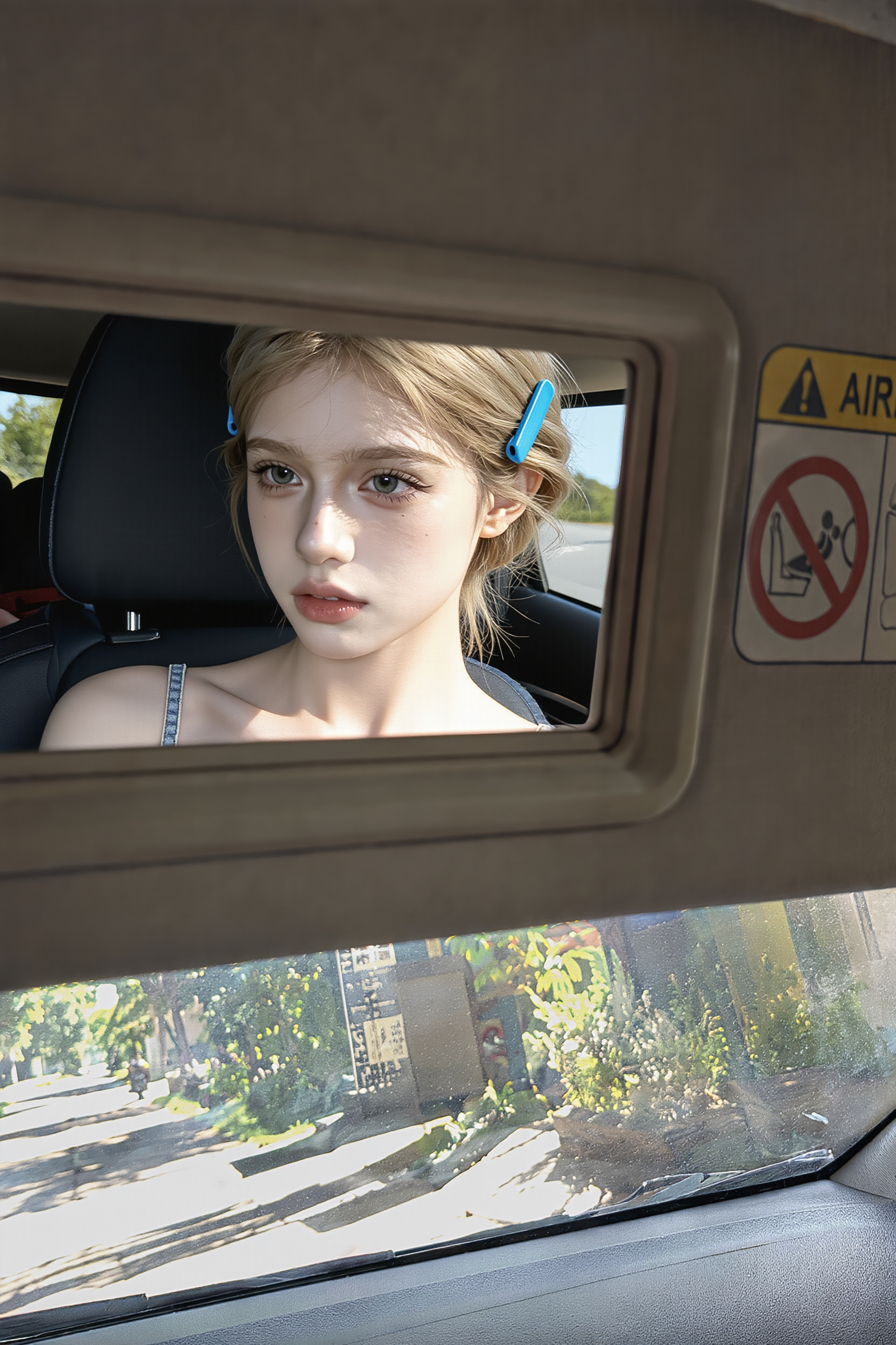 Car vanity mirror selfie - looked in the mirror sharp as a bullet AI image