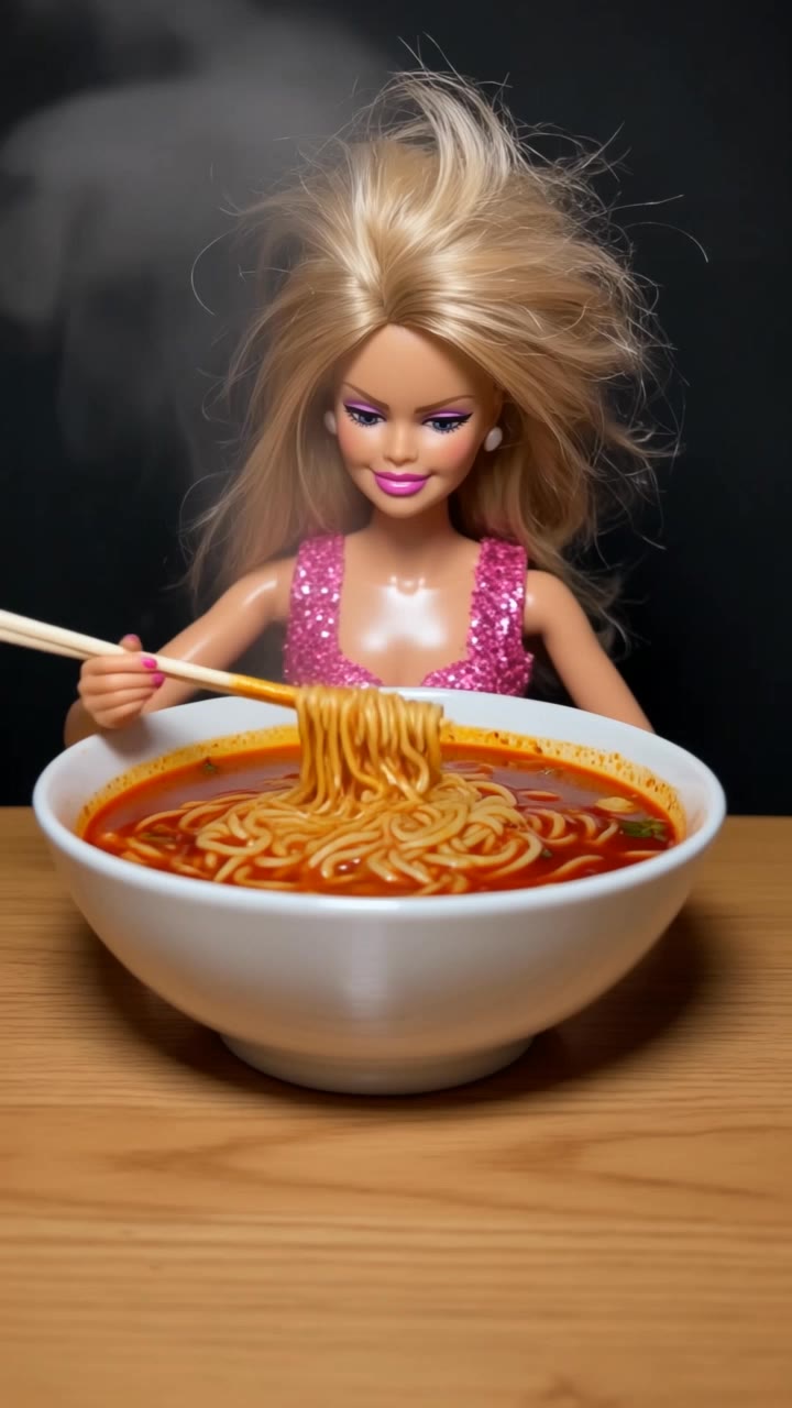 barbie eating noodles mukbang  - mukbang youtube thumbnail AI video