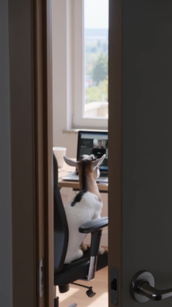 A goat is having a Zoom meeting - shaky laptop screen AI video
