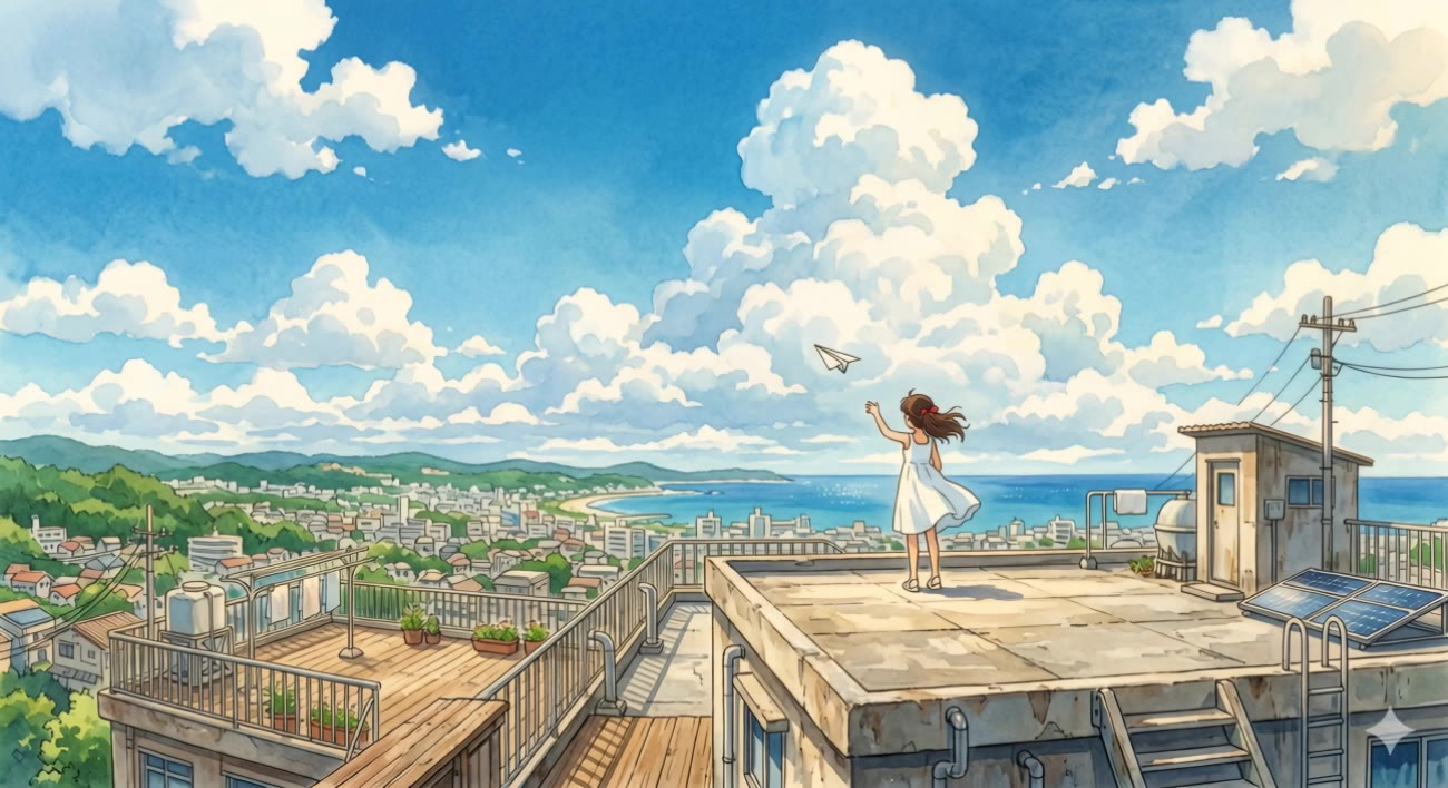 Summer Rooftop Dream - studio ghibli clouds AI video
